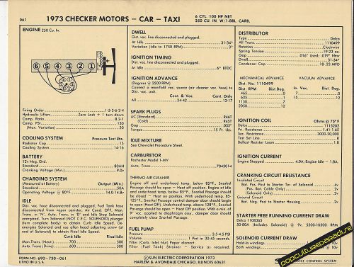 1973 checker motors car / taxi 250 ci / 100 hp car sun electronic spec sheet