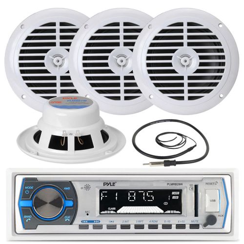 Plmrb29w aux usb marine receiver, antenna, 3.5&#034; 200w silver marine box speakers