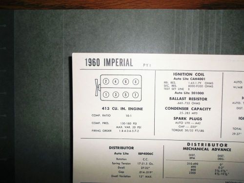 1960 chrysler imperial eight series py1 models 413 cubic inch v8 tune up chart