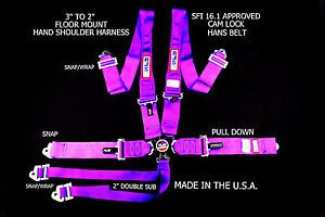 Rjs sfi 16.1 6 point hans cam lock universal floor mount snap in belt purple
