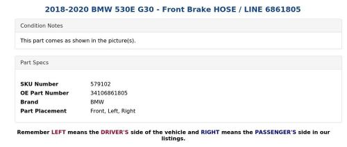 2018-2020 BMW 530E G30 - Front Brake HOSE / LINE 6861805, US $24.99, image 3