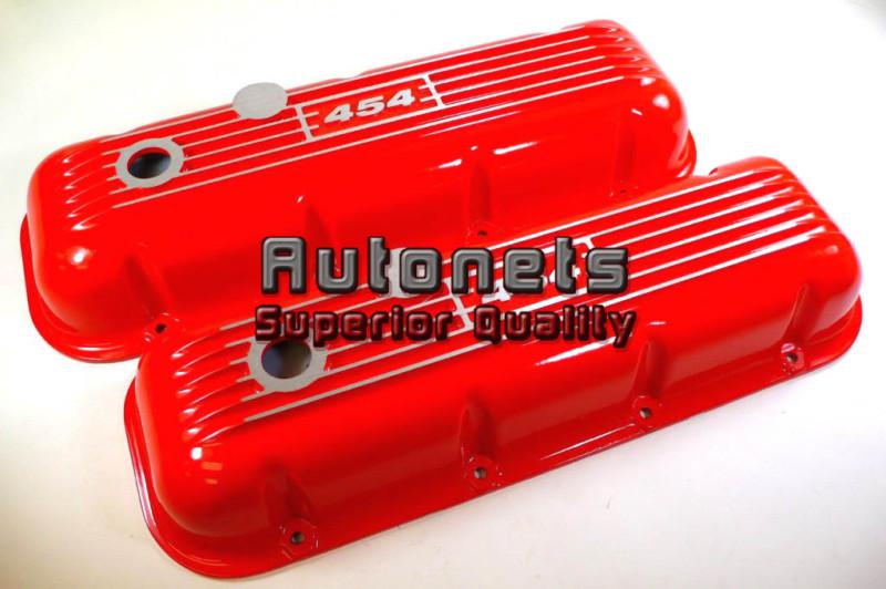 Big block chevy orange aluminum valve cover 454 logo bbc street hot rod finned