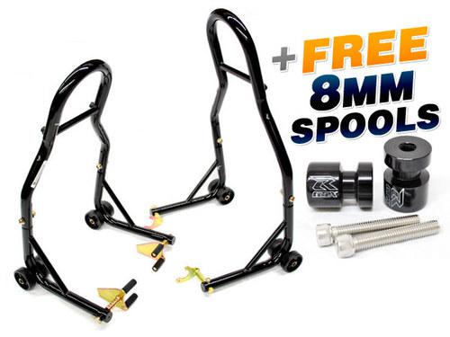 Motorcycle front+rear dual lift stand - w/ spools for suzuki sfv650 gladius 2009