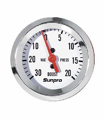 Sunpro 2&#034; vacuum / boost gauge white / chrome bezel new cp8203 authorized dist.