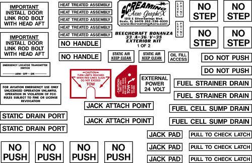 Beechcraft exterior placard kit 33, a36, v35 free-ship