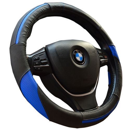 Black synthetic leather steering wheel cover 38cm with blue stripe auto grip