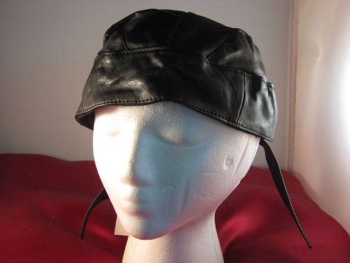 Black leather skull cap,  dew, do rag, doo rag lined