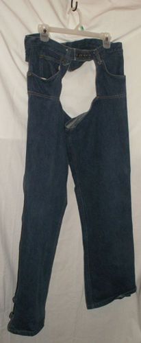 Denim chaps / pants / zippers &amp; buckles / usa by road / sz 34" x 32"