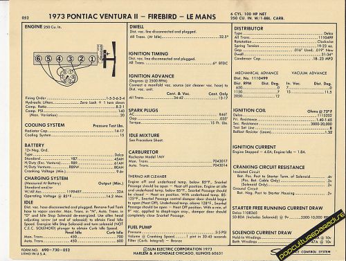 1973 pontiac ventura ii/firebird/le mans 250/100hp car sun electronic spec sheet