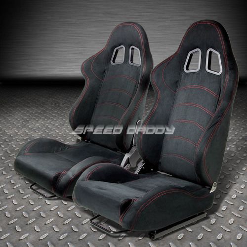 2 x t1 fully reclinable real suede racing seat/seats+slider black+red stitches