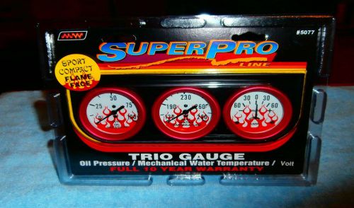 Super pro trio gauge set  oil psi, temp, amp  #5077  w/ flames 1 case of 6 units