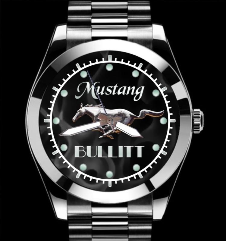 Mustang bullitt gt black flame 1968 2001 2008 2009 chrome stainless watch
