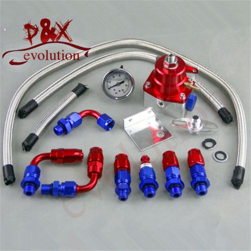 Adjustable fuel pressure regulator gauge kit fittings with oil line blue +red