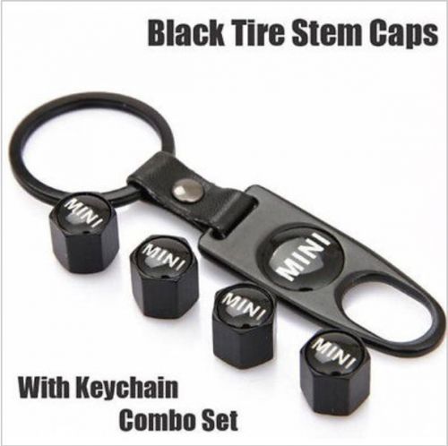 Mini cooper black tire stem valve caps and black keychain combo set