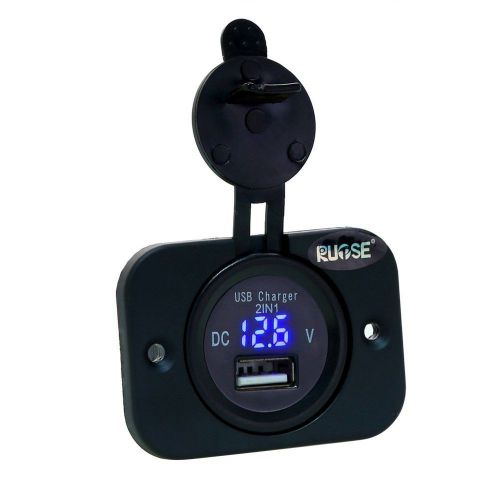 2.1a car motorcycle boat atv usb charger power socket led voltmeter blue light