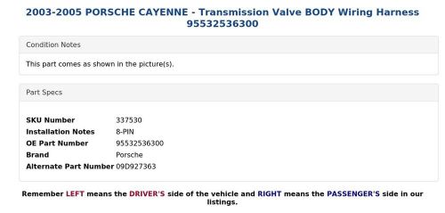2003-2005 PORSCHE CAYENNE - Transmission Valve BODY Wiring Harness 95532536300, US $69.99, image 2