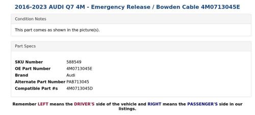 2016-2023 AUDI Q7 4M - Emergency Release / Bowden Cable 4M0713045E, US $39.99, image 2