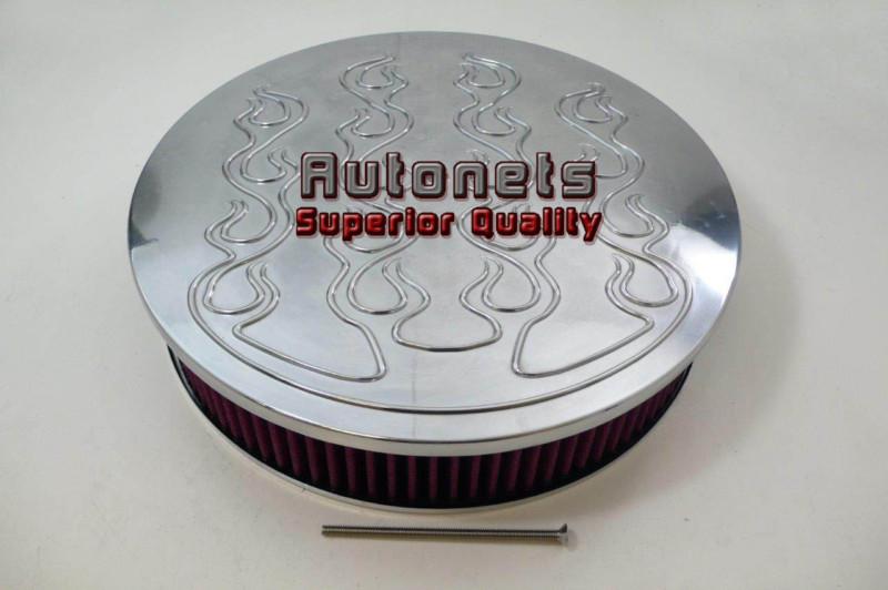 14" round flamed aluminum air cleaner universal fit washable element hot rat rod