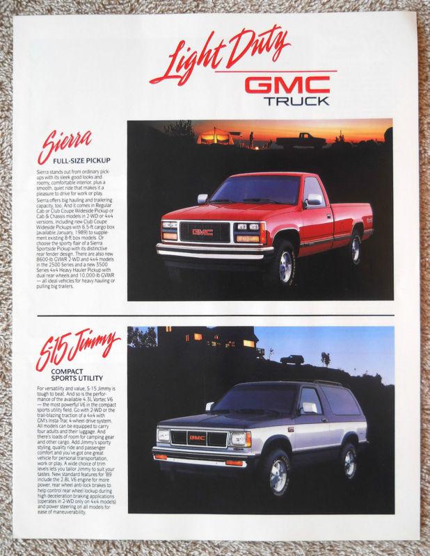1989 gmc truck full line brochure sierra s-15 jimmy pickup v-jimmy safari rally