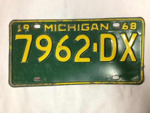 1968 michigan dk green yellow license plate vintage authentic 68 metal