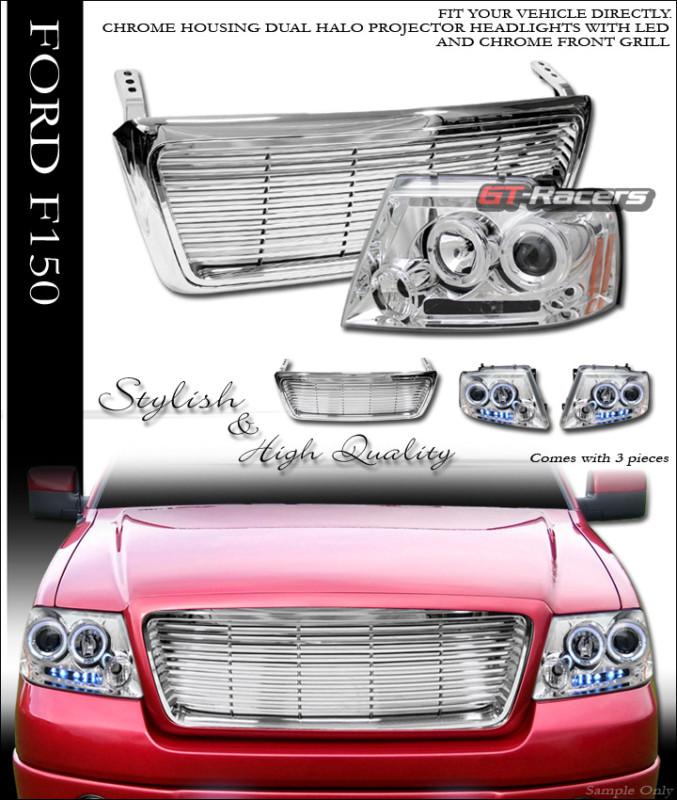 Chrome halo led projector head light+horizontal hood grill grille 2004-2008 f150