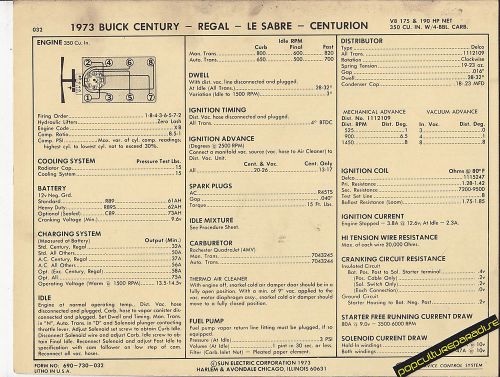 1973 buick century/regal/le sabre/centurion 350 ci car sun electronic spec sheet