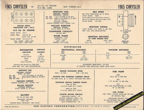 1965 chrysler v8 413 ci new yorker 4 bbl carb. car sun electronic spec sheet