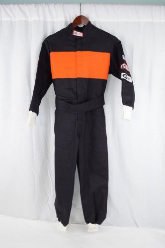 Rjs racing sfi 3-2a/1 new 1 pc suit youth 12/14 fire suit black &amp; orange