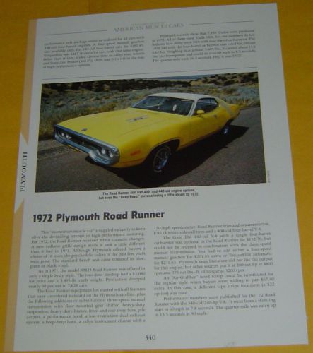 1971 1972 plymouth road runner roadrunner 340 ci 240 hp info/specs/photo 11x8
