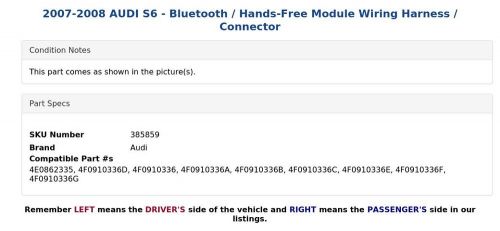 2007-2008 AUDI S6 - Bluetooth / Hands-Free Module Wiring Harness / Connector, US $29.99, image 2