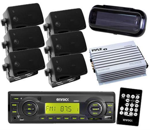Complete enrock in dash marine radio package + 6 black box waterproof speakers