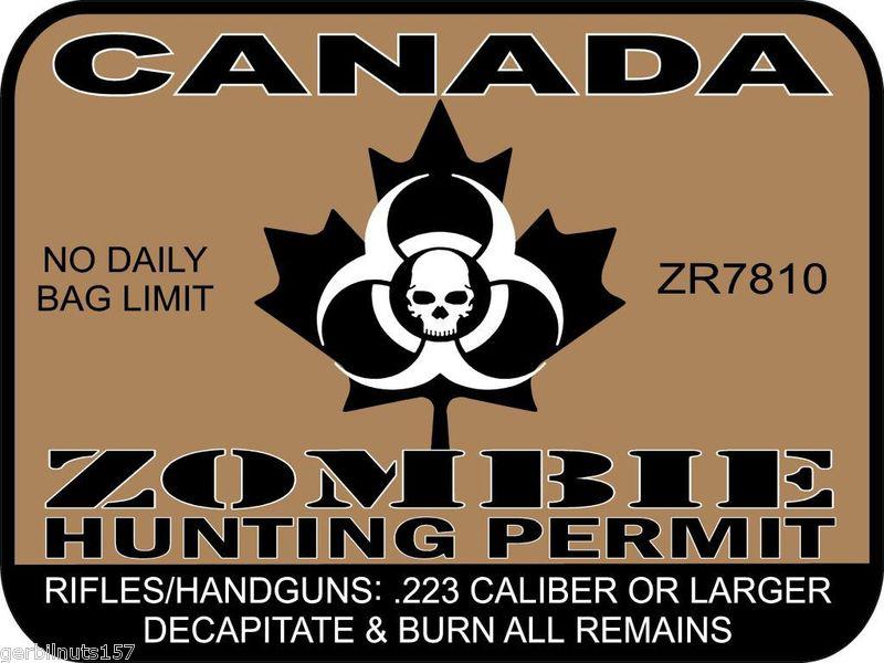 Canada zombie hunting permit license decal 3"x4" vehicle sticker tags graphics