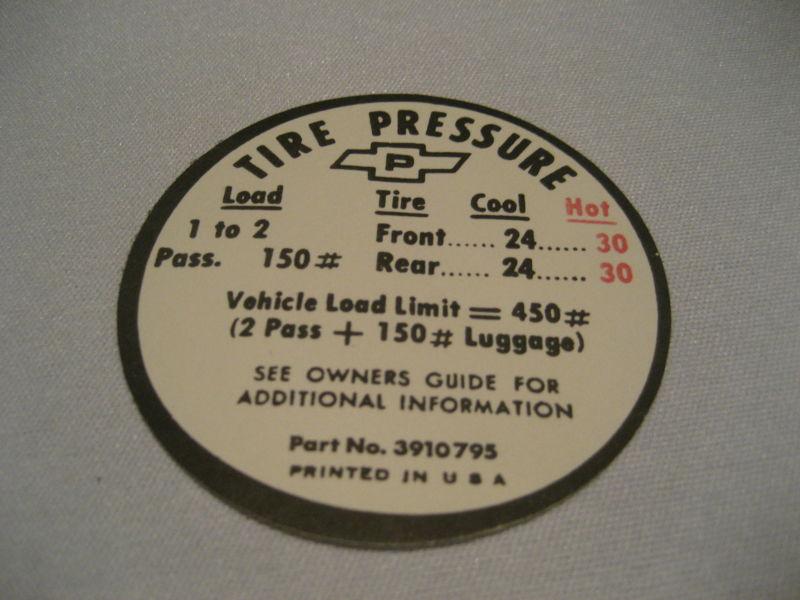 Corvette tire pressure decal for glovebox - gm # 3910795, 1967