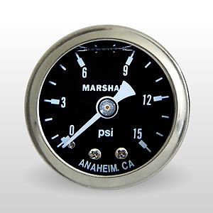 Marshall gauge 0-15 psi 1.5" diameter liquid 1/8" npt black fuel pressure gauge