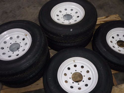 8-new trailer tire/wheel assemblies, 235/80r16 e on 8-bolt wht mod wheel