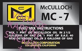 Vintage go kart, mcculloch engine id, mc-7, sticker, decal, reproduction