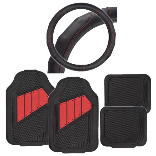 Heavy duty all weather blk/red car floor mats pu leather w/ steering wheel cover