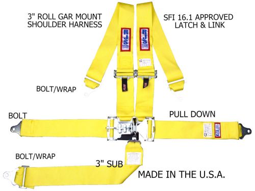 Rjs racing sfi 16.1 5pt latch &amp; link harness belt roll mount bar yellow 1128606