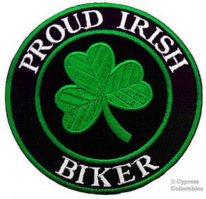 Proud irish biker iron-on patch motorcycle shamrock new embroidered clover lucky