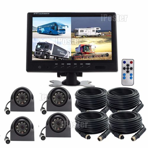 9&#034; quad monitor + 4x metal case 4pin side view reversing ccd camera night vision