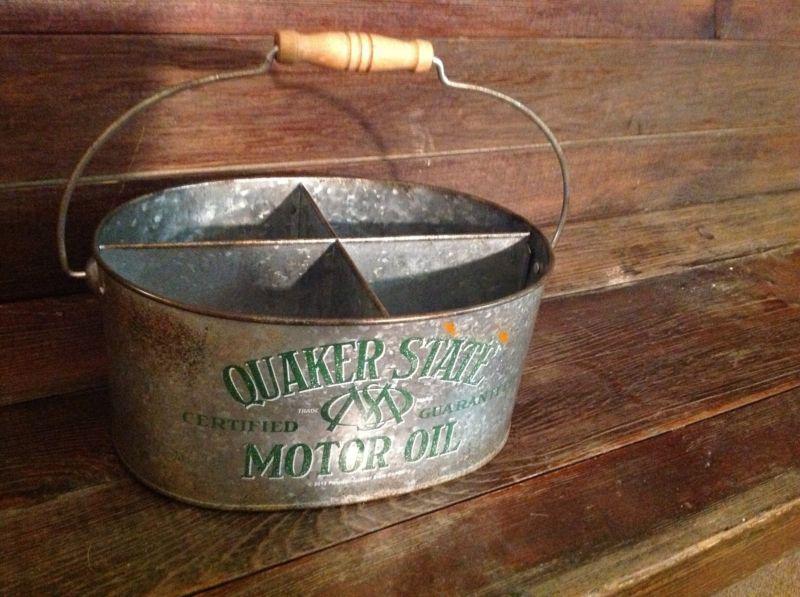 Quaker state galvanized bucket wooden handl   gas oil pump station man cave gulf