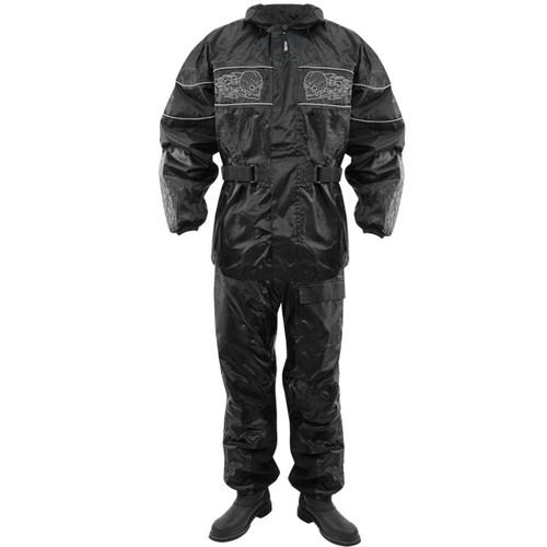 Xelement mens 2 piece black flaming skull heat resistant rain suit
