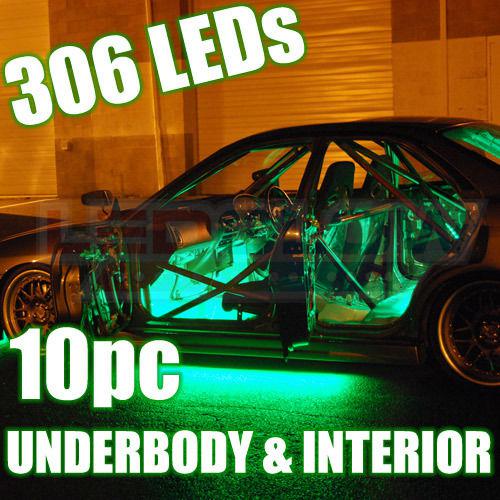 4pc green wireless underglow led neon lights kit w 6pc interior lighting kit