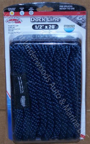 Lot of 2 navy dock line blue 1/2" x  20' floating mfp rope boat 12" loop docking