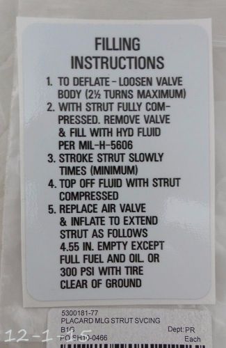 New cessna placard 5300181-77 strut servicing