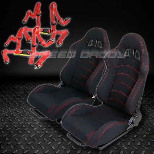 2 x universal type-f1 black woven racing seats+slider+4-point harness red belts