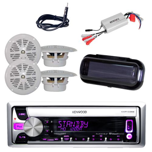 Kmr-d358 kenwood boat radio aux input+4 white speakers, 800w amp, cover, antenna