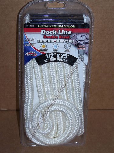 White dock line 1/2'' x 25' double braid nylon boat 12" eye docking boating  new