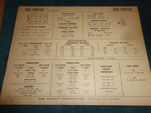 1960 pontiac v8 tune-up chart / free shipping!!