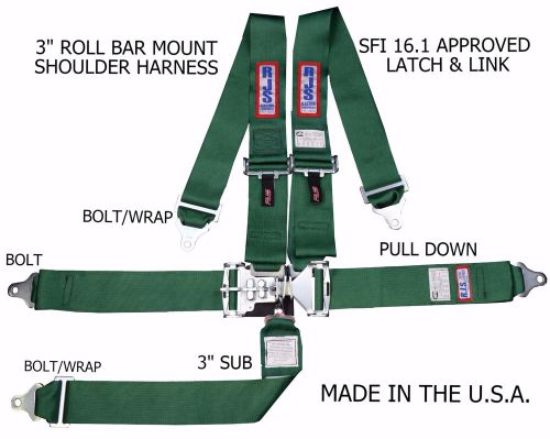 Rjs racing sfi 16.1 5pt latch &amp; link harness belt roll mount bar green 1128609